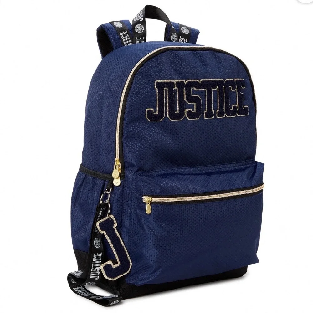 Justice Girls Navy Blue Honeycomb Varsity‎ Logo Backpack with J Initial Keychain